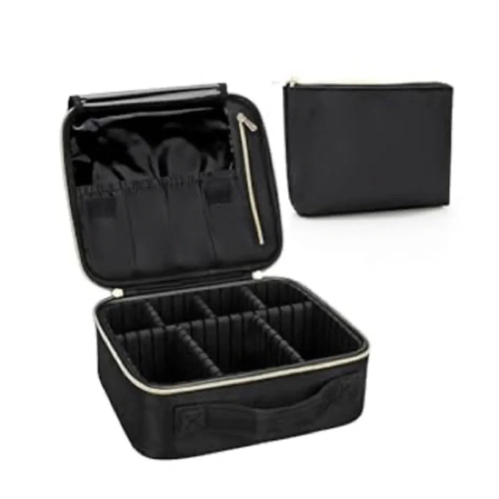 Makeup Bag Travel Cosmetic Train Case with Adjustable Dividers Zippered Black